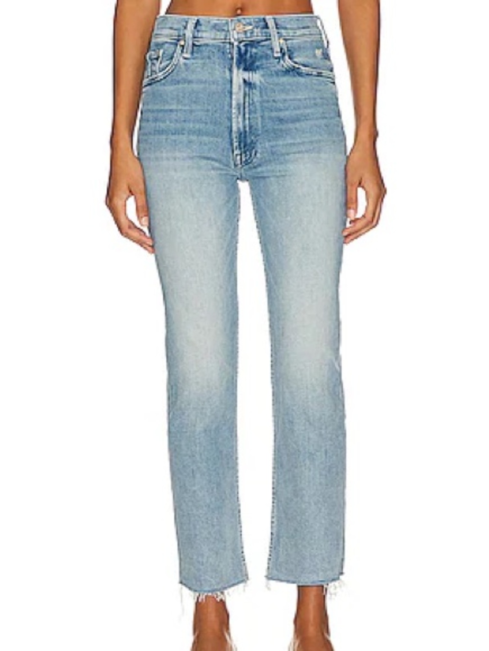 MOTHER High Waisted Rider Ankle Fray Jeans - Light Blue